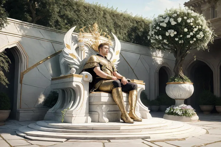 A chubby blonde man sits on a throne of marble located in a garden courtyard,a variety of flowers and trees,the throne is kintsugi,<lora:OrokinTech:1>,<lora:kintsugi:1>,realistic,photography,hyperrealistic,masterpiece,beautiful,soft lighting,