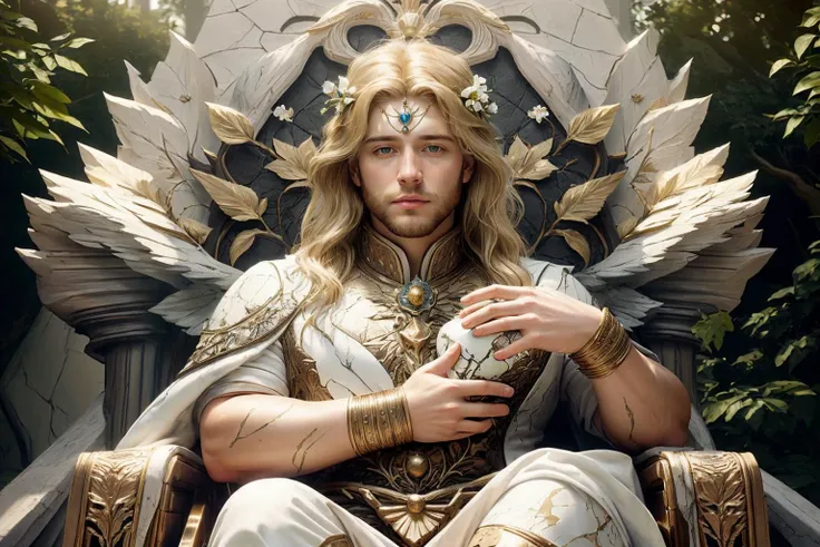 A chubby blonde man sits on a throne of marble located in a garden courtyard,a variety of flowers and trees,the throne is kintsugi,<lora:OrokinTech:1>,<lora:kintsugi:1>,realistic,photography,hyperrealistic,masterpiece,beautiful,soft lighting,