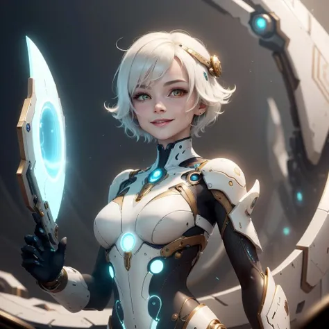 <lora:OrokinTech-20:0.9>, orokintech , scifi,  smooth , gold  , 
scholar , scroll, 1girl,short hair, glowing energy hair, glowing eyes, smile ,closed mouth,