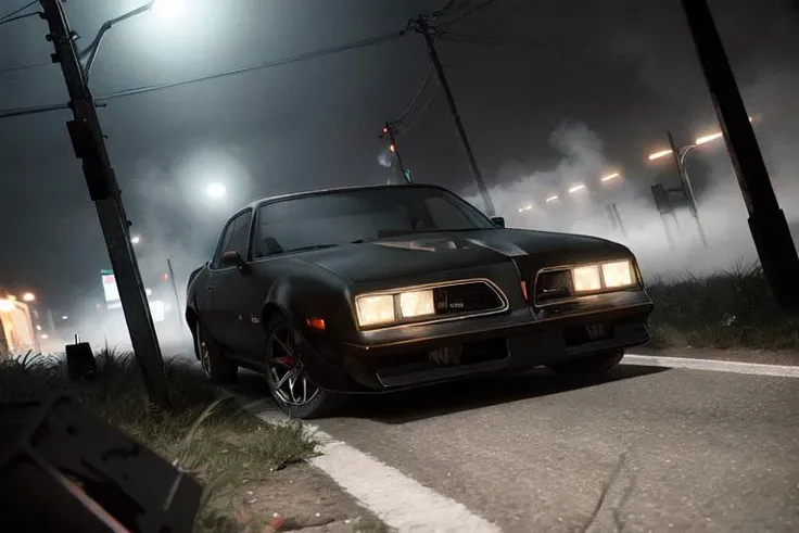 analog gloomy photo of a ((black car, <lora:tr4ns4m:1>)), (three quarter view), (city streets (at night)), (abandoned buildings), (graffiti), ((nighttime)), horror, midnight, High Detail, Sharp focus, (photorealism), realistic, best quality, 8k, award winning, dramatic lighting, epic, cinematic, masterpiece, rim light, (ambient fog:1.3), volumetric lights:0.5, dutch angle, depth of field,
