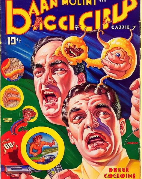 A pulp magazine cover featuring ((brain slugs)) <lora:sd15-brainslug-lora:0.8>, Very detailed, clean, high quality, sharp image, Eric Wallis