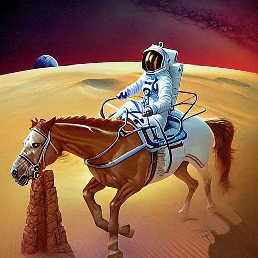 A photo of an astronaut riding a horse on mars, Vintage face, very detailed, clean, high quality, sharp image, ,Dave Dorman