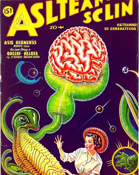 A pulp magazine cover featuring people with alien ((brain slug)) attached to their heads <lora:sd15-brainslug-lora<0.8>, Very detailed, clean, high quality, sharp image