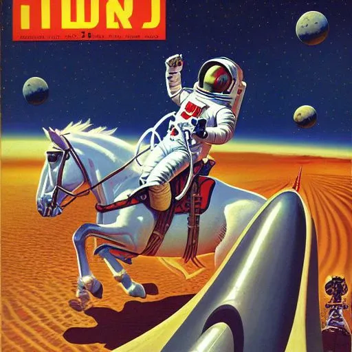 A photo of an astronaut riding a horse on mars, Vintage Style, Pulp Cover, very detailed, clean, high quality, sharp image, ,Saturno Butto