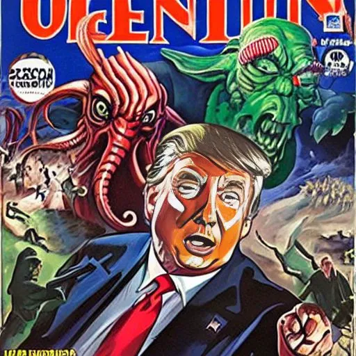A photo of Donald Trump as US president fighting against Cthulhu, Pulp cover, very detailed, clean, high quality, sharp image, based on H.P Lovecraft stories
