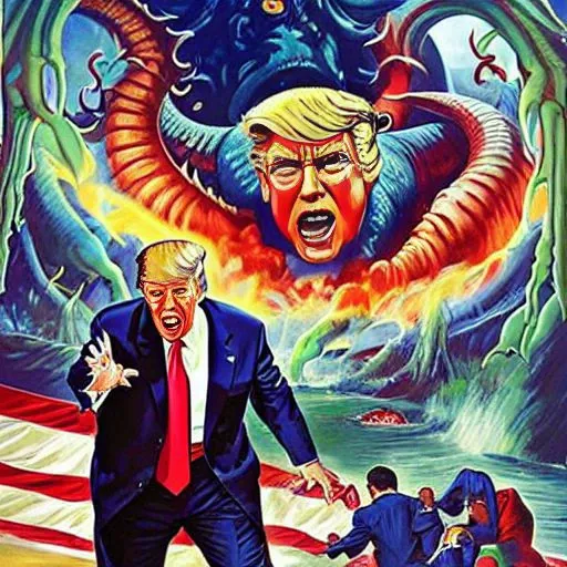 A photo of Donald Trump as US president getting attacked by Cthulhu, Vintage, very detailed, clean, high quality, sharp image, based on H.P Lovecraft stories