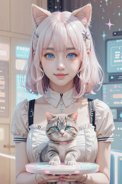 <lora:KawaiiTech-20:1>, kawaiitech,pastel color, kawaii, cute colors ,scifi, pink, scholar , scroll, 1girl ,long hair, pale skin,white hair, glowing eyes, smile ,closed mouth,bob cut,