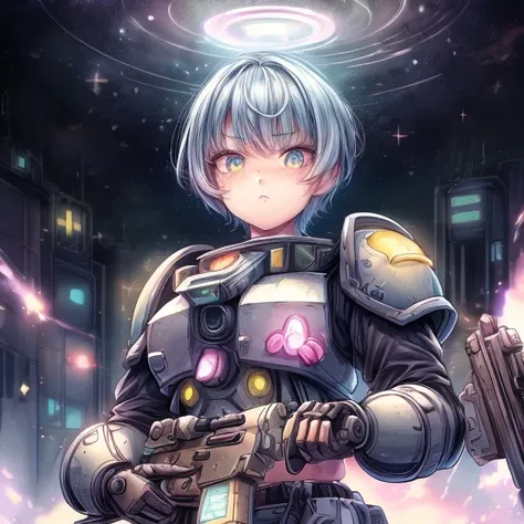 Detailed establishing illustration of adult woman with small breasts and freckles, hazel eyes, Ice Blue Hair Color razor cut hair, scifi Style-GravityMagic solo, (full body:0.6), looking down, detailed background, detailed face, (<lora:KawaiiTech:0.8> kawaiitech kawaii theme:1.1), warhammer 40k space marine, face, wearing gray thick power-armor, bolter weapon, ammunition belt, cruel gaze, combat stance, commander, psyker powers, psionic magical abilities, particle effects, crackling energy in background, epic atmosphere,, uhd, <lora:more_details:1>, <lora:GoodHands-beta2:1> cute colors