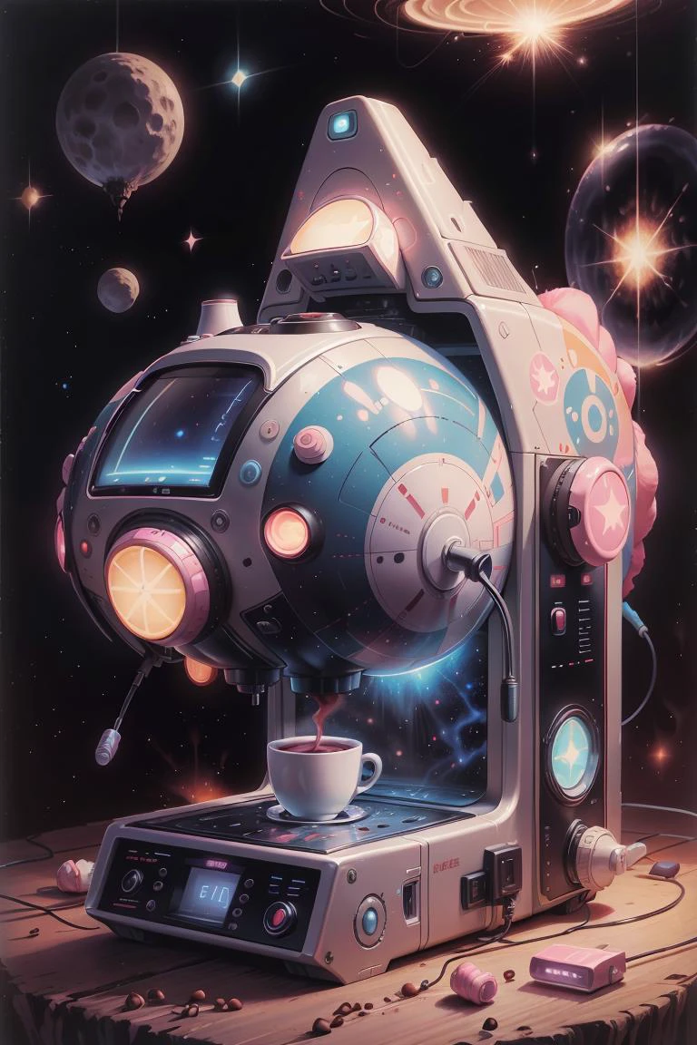 coffee machine, cosmic motif, pastel, retro 80s album cover, digital painting <lora:add_detail:0.1> <lora:KawaiiTech:0.1> kawaiitech <lora:PlushTech:0.4> plushtech <lora:LowRA:0.1> <lora:RetroSpaceships:0.6> retrospaceships