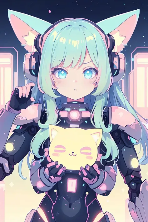 1girl, armored leotard, long hair, beautiful face, symmetrical face, <lora:KawaiiTech-20:1> kawaiitech, pastel colors, kawaii, cute colors, scifi,