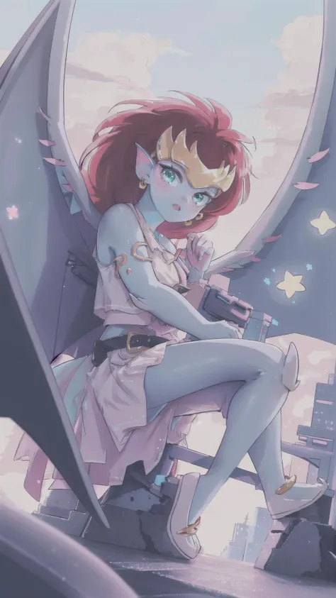 <lora:CARTOON_demona_gargoyles_ownwaifu-15:0.8> demona gargoyles ownwaifu, 1girl, (blue-grey skin:1.15), red hair, green eyes, wings, jewelry, BREAK, <lora:KawaiiTech-20:0.75> kawaiitech, pastel colors, kawaii, cute colors, scifi, masterpiece, best quality, extremely detailed, highly quality, 4k, sharp focus, professional, sharp focus, award winning, cinematic lighting, octane render, unreal engine, volumetrics dtx, Wallpaper,