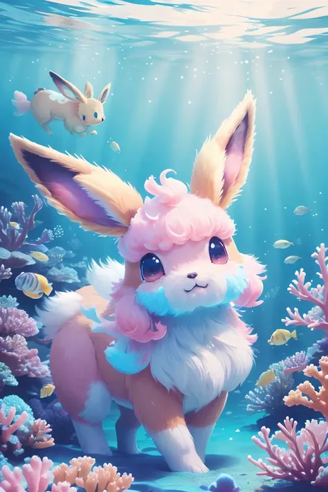 a cotton candy eevee,pastel cotton candy corals,underwater,extremely detailed,intricate details,cinematic lighting,masterpiece,best quality,high resolution,<lora:KawaiiTech-20:0.8>,
