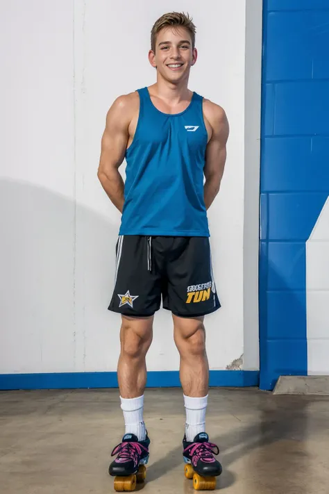 skate park, RenoGold is a rollerblader wearing tank top, shorts, wearing elbow pads and kneepads, socks, wearing inline skates, smiling, masterpiece, (((full body portrait))), wide angle, (GS-Masculine:0.8) <lora:RenoGold-000007:0.8>