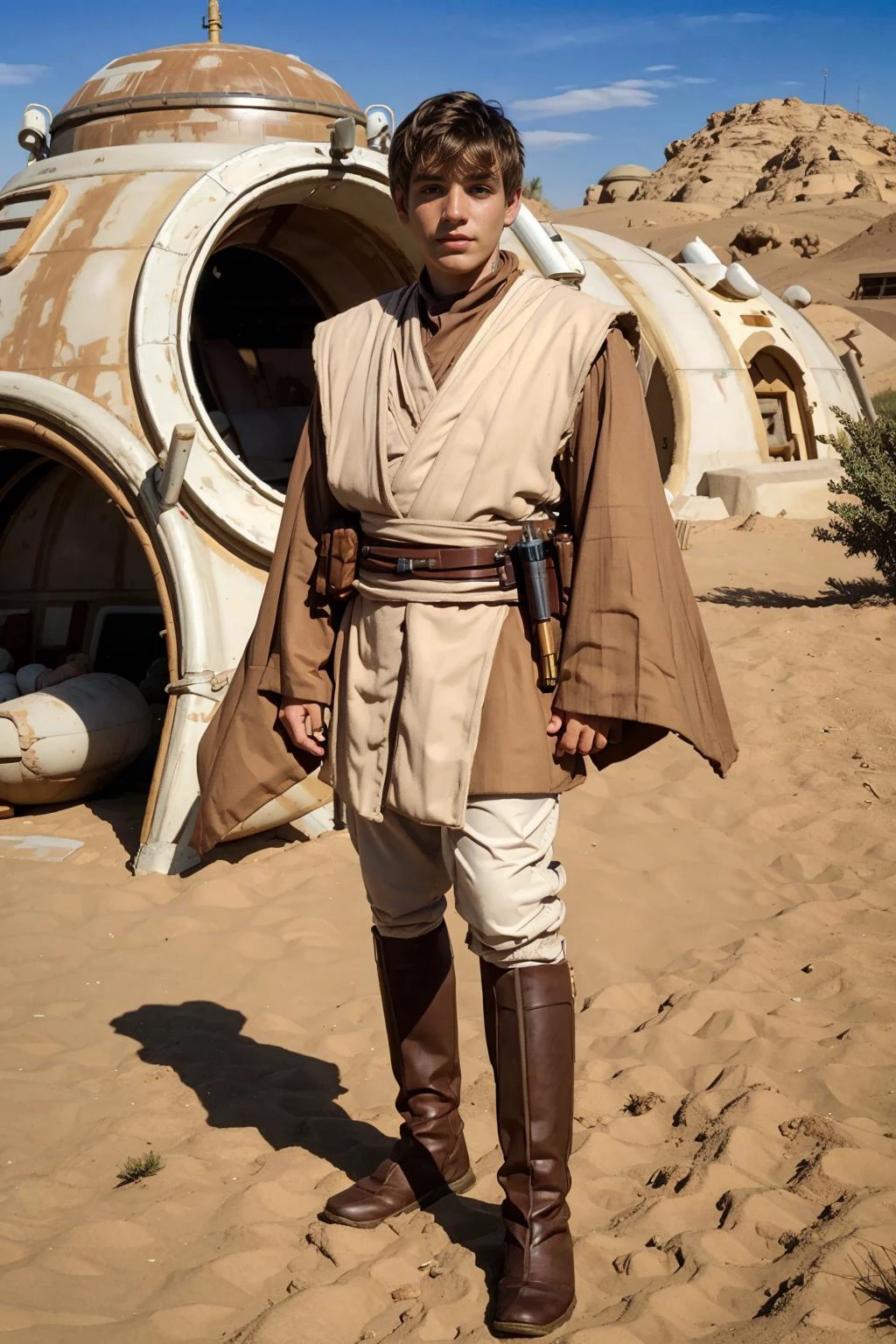 Tatooine, outside the Skywalker home, RenoGold is in jedioutfit, masterpiece, (((full body portrait))) , wide angle <lora:RenoGold-000007:0.8> <lora:jedioutfit:0.65>
