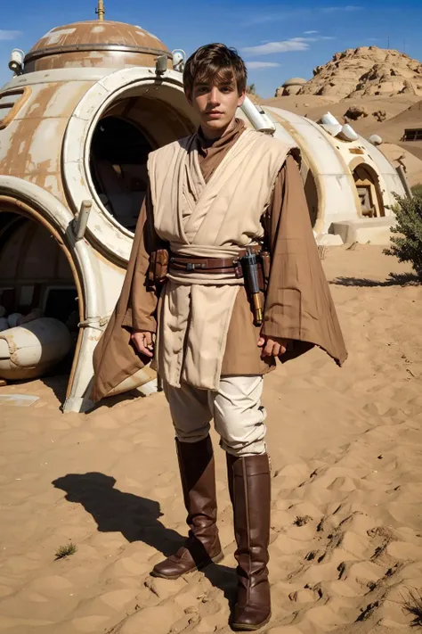 Tatooine, outside the Skywalker home, RenoGold is in jedioutfit, masterpiece, (((full body portrait))) , wide angle   <lora:RenoGold-000007:0.8>    <lora:jedioutfit:0.65>