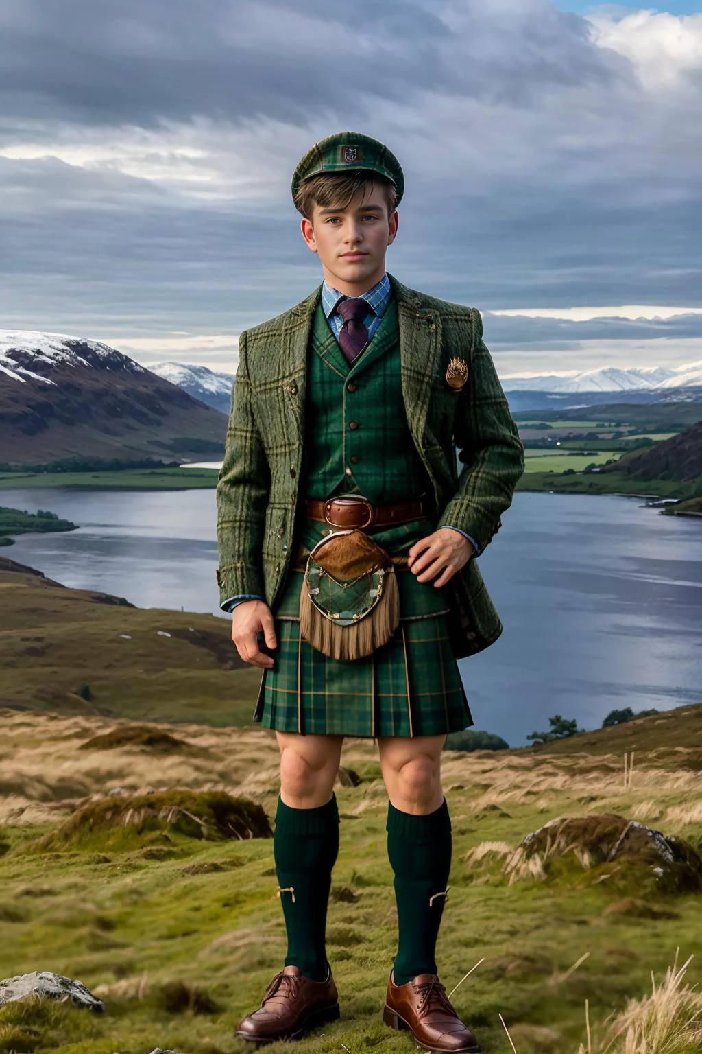 standing on a hill in the Scottish Highlands, a valley with a loch below in the background, (RenoGold) is dressed in a green plaid kilt, kilt shirt, sporran, long highland socks, plaid socks, Ghillie shoes, (GS-Masculine:1), masterpiece, (((full body portrait))) , wide angle <lora:RenoGold-000007:0.8>