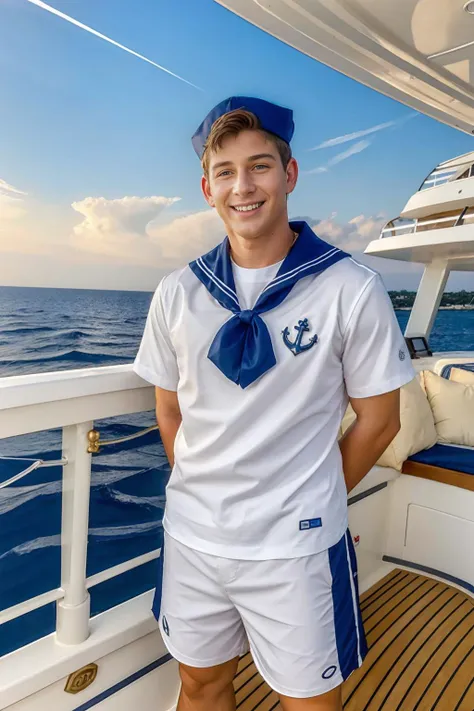 standing on the deck of a luxury yacht, RenoGold, yacht deckhand, white shirt with anchor logo, sailor collar, blue shorts, smiling, masterpiece, ((full body portrait)) <lora:RenoGold-000007:0.8>
