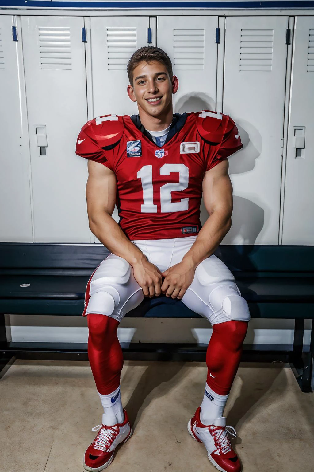 in an American football locker room, sitting on a bench, legs spread open, RenoGold, American football player wearing American football uniform, American football shoulder pads, ((red jersey)), jersey number 12, (white football pants and pads), white socks, black sneakers, smiling, masterpiece, (((full body portrait))), full body shot <lora:RenoGold-000007:0.8>