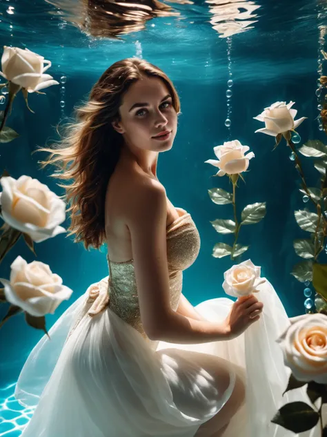 cinematic photo,
sexy  woman, Pool, 1girl, underwater, full body, swimming, underwater world, floor lighting , soft lighting, fish, bubbles rising steadily from the sea floor, sand, (chiffon:1.4), (jasmine),(petal), (Mantle), look at viewer, (tulle:1.4), (drapery:1.4), (white roses in the water:1.4),(look up), flowers, smile, (8k, RAW photo, best quality, masterpiece:1.2), (realistic, photo-realistic:1.4), ultra-detailed, perfect detail,, photo by Chris Friel, (natural skin texture, hyperrealism, soft light, sharp:1.2), (intricate details:1.12), hdr masterpiece, best quality, (highly detailed photo:1.1), Squatting pose,8k, photorealistic ,
