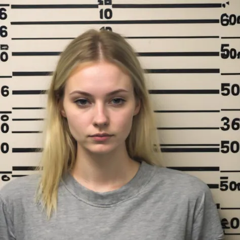 mugshot, pale soft innocent young estonian woman, arrested for lewd acts, low quality