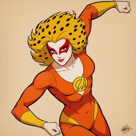 CheetaraQuiron character, <lora:SDXL1.0_quiron_Cheetara_v4p_Lora:0.97> retro artstyle, cartoon, facepaint, skintight bodysuit, makeup, leotard, muscle body, abs