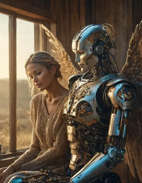 UHD photorealistic studio portrait of a cyborg Angel with Angel wings, futuristic robot angel, extremely detailed, 8k, cinematic lighting, in the style of Max Ernst and Karol Bak, art by Amano with vivid colors and crisp detailscybernetic robot In the warm glow of evening, a vintage farmhouse stands proudly, weathered wood with a whimsical touch of nostalgia. Nestled on the porch, a wise and gentle grandpa robot cradles his precious grandchild robot on his knee. The grandpa robot, exuding timeless charm, bears a smile on his metallic face, revealing a heart of gold within. Both robots are a perfect blend of tradition and modernity, with their sleek designs harmonizing with the rustic surroundings. The clear blue sky serves as a flawless backdrop, magnificently framing this heartwarming scene. This high-quality image captures the essence of love, intergenerational connection, and the seamless integration of technology in a classic setting, leaving spectators yearning for their own moments of robotic tenderness. . android, AI, machine, metal, wires, tech, futuristic, highly detailed