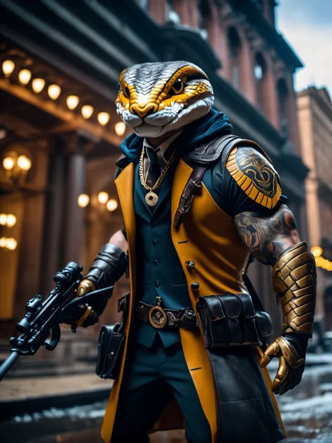 cinematic photo, ((best quality)), ((ultradetailed)), ((masterpiece)), photography, scene: spacious abandoned bank, theme: anthropomorphic animal mafia, character: Russel’s Viper, appearance: muscular build, action: combat stance, expression: fierce , using a Crossbow of Requiem, necklace, bare upper body, sports mob tattoos, perspective: 4K. (nikon f4, 50mm f1.2, Fujichrome Velvia 50, bokeh), (ambient light, volumetric light, god rays:1.2),