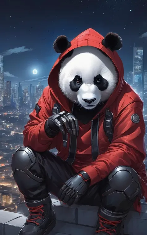 breathtaking, a cyborg anthropomorphic giant panda male furry is sitting solo on rooftop, He has very fluffy fur on cheek and animal head, mechanical arms and hands, mechanical legs and boots, He wears a short sleeves red hoodie with both proud and serious on his face, His eyes are black and shine and looking afar, city below, backlighting, night, moonlight, starry sky, shooting star, constellation, realistic, illustration, cyberpunk, science fiction, medium shot, dutch angle, award-winning, professional, highly detailed