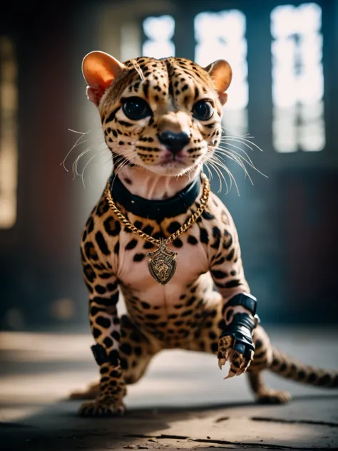cinematic photo, ((best quality)), ((ultradetailed)), ((masterpiece)), photography, scene: spacious abandoned rectory, theme: anthropomorphic animal tempest, character: Leopard Gecko, appearance: muscular build, action: combat stance, expression: fierce , using a The Archdevil's Bow, necklace, bare upper body, sports mob tattoos, perspective: 4K. (nikon f4, 50mm f1.2, Fujichrome Velvia 50, bokeh), (ambient light, volumetric light, god rays:1.2),