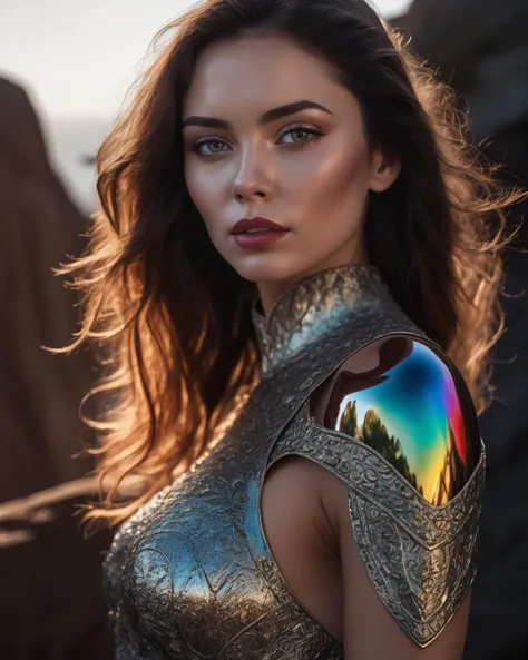 highly detailed, 4k, Close-up portrait, 8k RAW photo, highest quality, detailed eyes, looking at the camera, best shadow, intricate details, interior, perfect hair, muted colors, high contrast style, glam shot, smoldering, sultry, intense, languid, tempting, sensual, seductive, longing, yearning, smitten, dark photography studio, minimal lighting, deep shadows, stark contrasts, dramatic highlights, black backdrop, dimples, fullness, plumpness, natural pout, lusciousness, red lips, bold color, alluring, captivating, striking, unforgettable, stunning, breathtaking, timeless beauty., (naive art style), highly detailed, Dynamic cinematic close shot, 6k resolution, of a model chiseled in ethereal armor, each plate reflecting a different hue of the rainbow. Standing on a cliff, the sun casts brilliant reflections, turning the surrounding environment into a spectrum of colors, embodying the strength and beauty of diversity, award-winning, professional, by (genevieve valentine), vibrant,