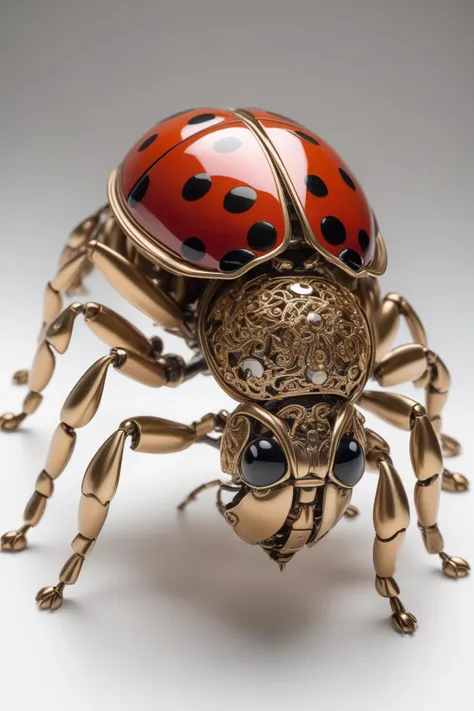 Ladybug, mechanical ladybug, steampunk, mechanized robot, bronze mechanism, unique design, metallic, excellent detailing, technically intricate details, looks like the real thing, impressive mechanism, graceful proportions, gorgeous steampunk design, antique look, stunning high quality photography, sharp image, professional macro photography, macro lens, art of photography, BBC, National Geographic