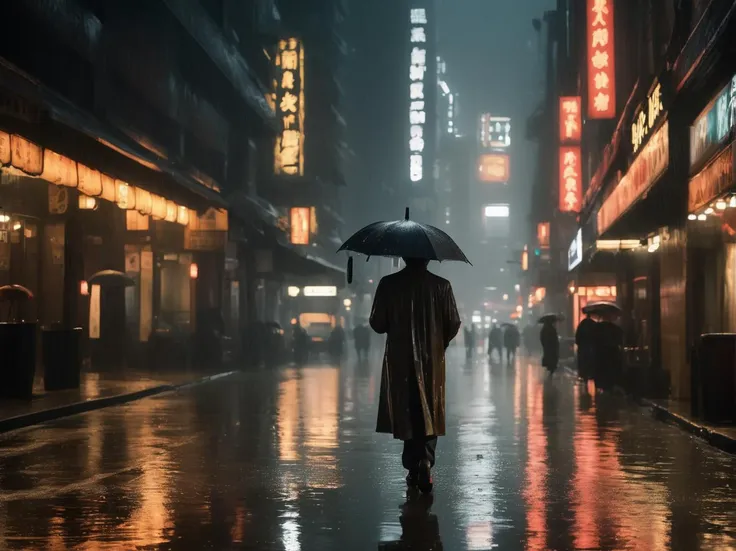 (busy city street, rain-slicked pavement, towering skyscrapers, neon signs, blurred traffic, reflections in puddles, people rushing by with umbrellas)
(lonely figure, drenched in rain, standing still, lost in thought, hands in pockets, wearing a worn-out trench coat, a fedora casting shadows over his face, a mysterious aura, a past hidden in shadows)
(surrounding chaos, honking horns, distant laughter, splashing water, the distant wail of sirens, contrasting the inner stillness and contemplation of the central figure)
(secret meeting, a hidden letter, an unexpected encounter, shadows of the past catching up, a story waiting to unfold, a decision that changes everything)
(melancholy, introspection, a sense of longing, a touch of danger, a hint of romance)
(cinematic photography, a noir-inspired setting, focus on the central character with a shallow depth of field, moody lighting, vibrant yet dark colors to create a sense of mystery)
(inspired by film classics like "Blade Runner," "Chinatown," or the poetic imagery of Wong Kar-wai's s)
(high-quality, 35mm film, vintage lenses to add character, careful color grading to enhance the mood, a shot that tells a story and invites the viewer to uncover the secrets hidden within)