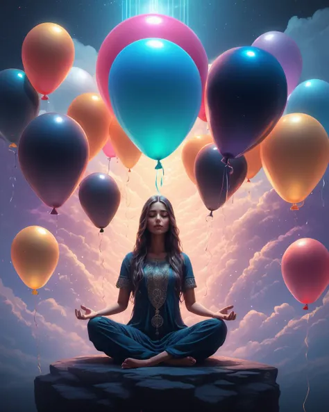 highly detailed, 4k, full body shot, beautiful, cinematic, perfect eyes, perfect face, perfect lighting, a woman with long matted hair, meditating pose, surreal background of dark colours, light shining from above, mystical symbols etched in the background,, (holography style), highly detailed, floating , balloons, closeup, cloud, perspective illustration by James Gilleard, award-winning, professional, by (carlos kafu bazan), vibrant,