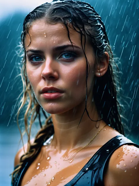 18 year old woman in the rain, messy (wet:0.7) hair, intense expression, piercing gaze, (glistening wet skin:0.9), athletic pose, (nikon f4, 50mm f1.2, Fujichrome Velvia 50, bokeh), (ominous volcanic , ambient light, volumetric light, god rays:1.2), big breasts, wearing (wet:0.8) (lady Thor cosplay outfit (ripped torn costume)), (camera focused on eyes:1.1),