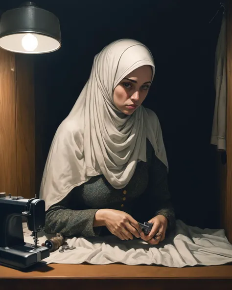highly detailed, 4k, a woman wearing a white and gold hijab , art by Yuko Shimizu , art by Oliver Jeffers , art by Sammy Harkham , art by Simone Massoni,, (fantasy style), highly detailed, a (grainy:1.2) real (polaroid photo:1.4), Poor Ukrainian seamstress woman working in an occupied country, forced to sew soldiers (uniforms:1.2), broken down room, single light bulb hanging from the celling, sewing machine, (hanging clothes:1.4), BREAK sneering man with gun sitting in the corner, flash photography, dimly lit, bad lighting, dark background, bright camera flash, creepy, nostalgic, night time, moody ambience, film grain, sad, depressing, blurry, award-winning, professional, by (george perez), vibrant,