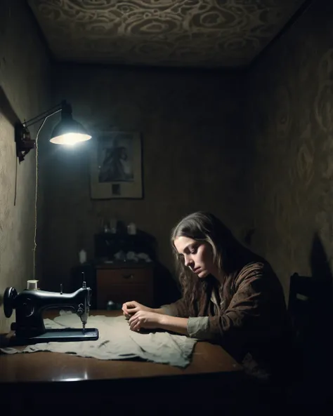 highly detailed, 4k, full body shot, beautiful, cinematic, perfect eyes, perfect face, perfect lighting, a woman with long matted hair, meditating pose, surreal background of dark colours, light shining from above, mystical symbols etched in the background,, (orientalism style), highly detailed, a (grainy:1.2) real (polaroid photo:1.4), Poor Ukrainian seamstress woman working in an occupied country, forced to sew soldiers (uniforms:1.2), broken down room, single light bulb hanging from the celling, sewing machine, (hanging clothes:1.4), BREAK sneering man with gun sitting in the corner, flash photography, dimly lit, bad lighting, dark background, bright camera flash, creepy, nostalgic, night time, moody ambience, film grain, sad, depressing, blurry, award-winning, professional, by (trevor goring), vibrant,