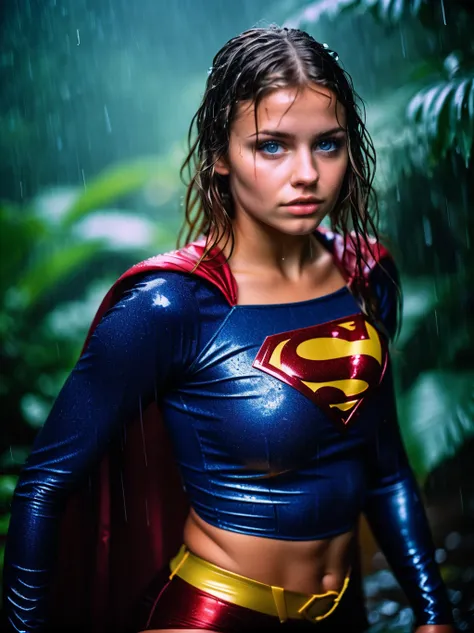18 year old woman in the rain, messy (wet:0.7) hair, intense expression, piercing gaze, (glistening wet skin:0.9), athletic pose, (nikon f4, 50mm f1.2, Fujichrome Velvia 50, bokeh), (ominous jungle , ambient light, volumetric light, god rays:1.2), wearing (wet:0.8) (supergirl cosplay outfit (ripped torn costume):1.3), (camera focused on eyes:1.1),