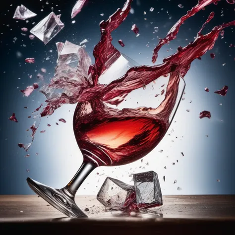 An impactful moment frozen in time, capturing the intense act of smashing a wine glass on a table, (shattered glass:1.3), (dynamic motion:1.25), (high-speed capture), HDR, (dramatic lighting:1.2), (splashing wine), (cinematic shot:1.2), shards scattered, (intricate details:1.1), (vivid colors), (rippling reflections)