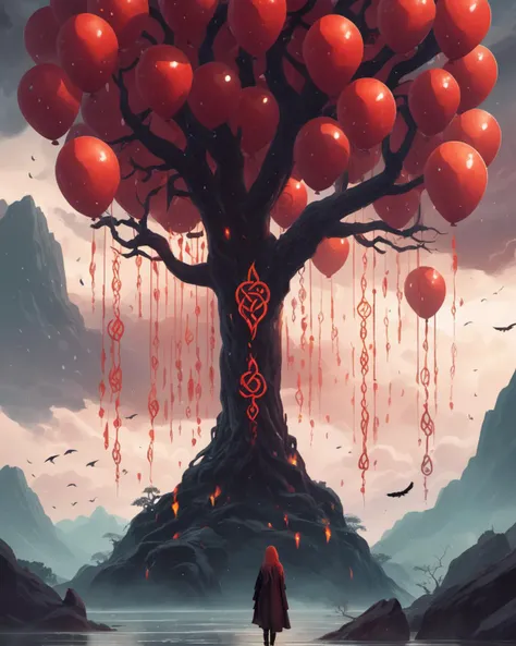 highly detailed, 4k, (celtic girl:1.2),(rain:1.1),(thunder),water,bloodmoon,diamonds,dragon,(((death tree))),((ravens)),((blood tears)),((small celtic runes)),witch,(fire),, (tachisme style), highly detailed, floating , balloons, closeup, cloud, perspective illustration by James Gilleard, award-winning, professional, by (ralph Mcquarrie), vibrant,