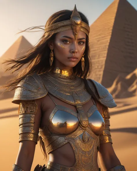 highly detailed, 4k, cinematic photo of a desert warrior princess, her eyes reflecting the endless dunes and her attire adorned with golden scarabs and intricate hieroglyphs. She stands defiant against a backdrop of pyramids and a setting sun, beautiful, close up, young, dslr, 8k, 4k, ultrarealistic, realistic, natural skin, textured skin,, (social realism style), highly detailed, Dynamic cinematic close shot, 6k resolution, of a model chiseled in ethereal armor, each plate reflecting a different hue of the rainbow. Standing on a cliff, the sun casts brilliant reflections, turning the surrounding environment into a spectrum of colors, embodying the strength and beauty of diversity, award-winning, professional, by (alice x. zhang), vibrant,
