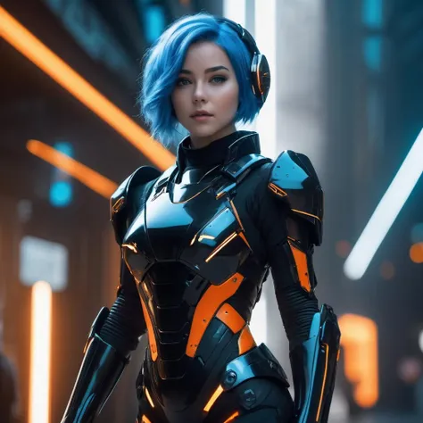 glamour shot of a beautiful girl with scifi suit from side surrounded by cyberpunk street looking at viewer, ,ultrarealistic, realistic, raytracing, subsurface scattering, 8k ,ultra HD, masterpiece, best quality, ,cyborg style, 1girl, solo, full body,glowing eyes, blue hair,combat armor, wires, cables, curvy, wide hips, (black and orange armor),(intricate details) ,science fiction, realistic, smoke, volumetric lighting, film grain , depth of field,