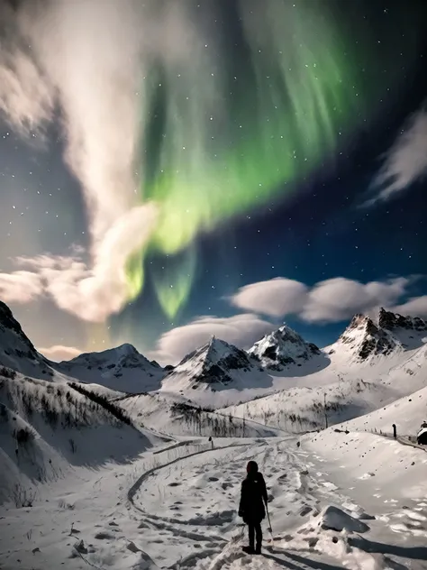 standing on snow, from back below, looking up, night time, dimly lit, 8mm fisheye lens,