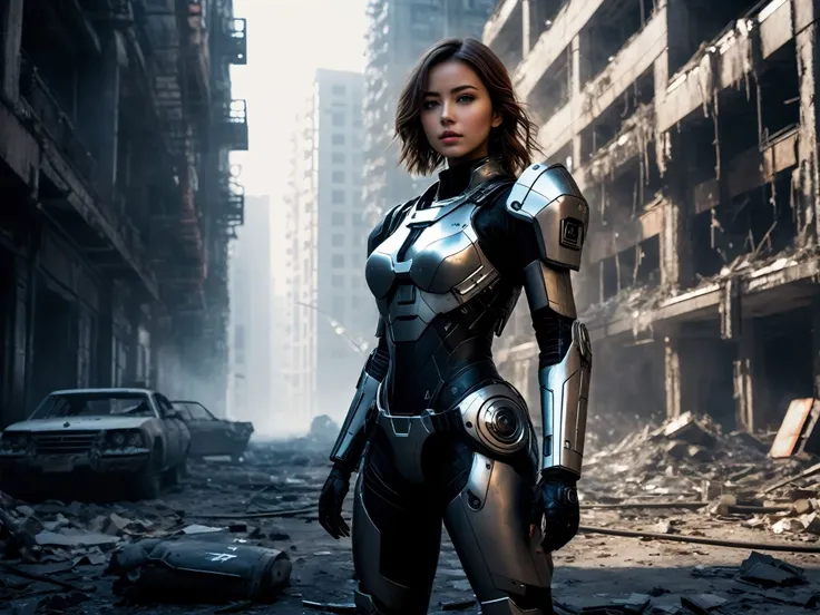 glamour shot of a beautiful girl with scifi suit from side surrounded by cyberpunk street looking at viewer,ultrarealistic,realistic,raytracing,subsurface scattering,8k,ultra HD,masterpiece,best quality,cyborg style,1girl,solo,full body,glowing eyes,combat armor,wires,cables,curvy,wide hips,(black and white armor),(intricate details),science fiction,realistic,smoke,volumetric lighting,film grain,depth of field,fighting stance, In the ruins of a city after a thermonuclear war, <lora:PostApocalypticXL_v1:0.8>, collapsed buildings, SZ_4poXL, post-apocalyptic, deserted,