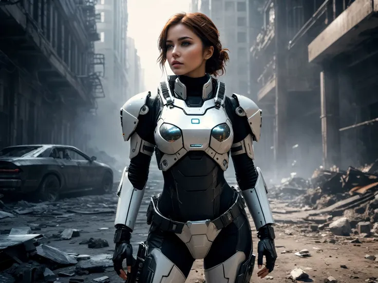 glamour shot of a beautiful girl with scifi suit from side surrounded by cyberpunk street looking at viewer,ultrarealistic,realistic,raytracing,subsurface scattering,8k,ultra HD,masterpiece,best quality,cyborg style,1girl,solo,full body,glowing eyes,combat armor,wires,cables,curvy,wide hips,(black and white armor),(intricate details),science fiction,realistic,smoke,volumetric lighting,film grain,depth of field,fighting stance, In the ruins of a city after a thermonuclear war,  <lora:PostApocalypticXL_v1:0.8>, collapsed buildings, SZ_4poXL, post-apocalyptic, deserted,