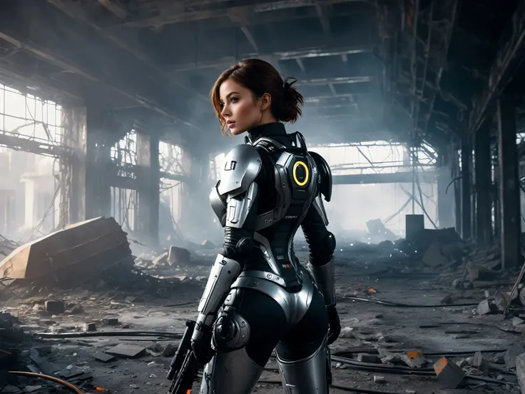 glamour shot of a beautiful girl with scifi suit from side surrounded by cyberpunk street looking at viewer,ultrarealistic,realistic,raytracing,subsurface scattering,8k,ultra HD,masterpiece,best quality,cyborg style,1girl,solo,full body,glowing eyes,combat armor,wires,cables,curvy,wide hips,(black and white armor),(intricate details),science fiction,realistic,smoke,volumetric lighting,film grain,depth of field,fighting stance, In the ruins of a city after a thermonuclear war, <lora:PostApocalypticXL_v1:0.8>, collapsed buildings, SZ_4poXL, post-apocalyptic, deserted,
