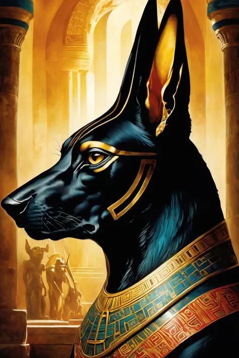 (((score_9), score_8_up), score_7_up), style of Anna Dittmann and Greg Simkins, ( fine art painting) (masterpiece:1.4, (best quality:1.4)(Anubis:1.4), realistic, anubis god, egyptian god, full body shot, bokeh, ankh, the egyption god of the dead inside an egyptian tomb, detailed background, high contrast, cinematic, ultra detailed, intricate, professional
