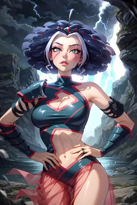 (Stormy:1.2), green eyes, black hair, short hair, mountains, bad weather, raining, lightning, lightning strikes, (realistic:1.2), (masterpiece:1.2), (full-body-shot:1),(Cowboy-shot:1.2), dark romantic lighting, (highly detailed:1.2), (detailed face:1.2), (gradients), colorful, detailed eyes, (natural lighting:1.2), solo, <lora:add_detail:0.3> <lora:BeautifulEyes:0.6> <lora:WinxClubAmplifiedStormy-10:0.9>