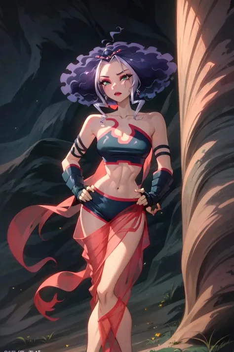 (Stormy:1.2), green eyes, black hair, short hair, red and purple background, (realistic:1.2), (masterpiece:1.2), (full-body-shot:1),(Cowboy-shot:1.2), dark romantic lighting, (highly detailed:1.2), (detailed face:1.2), (gradients), colorful, detailed eyes, (natural lighting:1.2), solo, <lora:add_detail:0.3> <lora:BeautifulEyes:0.6> <lora:WinxClubAmplifiedStormy-10:0.9>