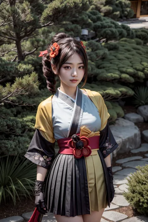(realistic:1.3), finely detailed, quality, rembrandt lighting, (masterpiece:1.2), (photorealistic:1.2), (best quality), (detailed skin:1.3), (intricate details), dramatic, ray tracing, 1girl, chiori, japanese girl, 21 years old, detailed skin texture, (blush:0.5), (goosebumps:0.5), subsurface scattering, smiling, medium breasts, brown hair, drill hair, hair ornament,hair flower, flower, red eyes, elbow gloves,short sleeves,wide sleeves, japanese clothes, kimono, pleated skirt,dress, black thighhighs, cowboy shot, (bright sunny day, outdoors, japanese garden, bushes, trees), <lora:chiori:1>