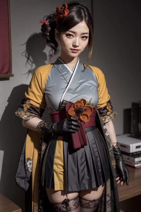 (realistic:1.3), finely detailed, quality, rembrandt lighting, (masterpiece:1.2), (photorealistic:1.2), (best quality), (detailed skin:1.3), (intricate details), dramatic, ray tracing, 1girl, chiori, japanese girl, 21 years old, detailed skin texture, (blush:0.5), (goosebumps:0.5), subsurface scattering, smiling, medium breasts, brown hair, drill hair, hair ornament,hair flower, flower, red eyes, elbow gloves,short sleeves,wide sleeves, japanese clothes, kimono, pleated skirt,dress, black thighhighs,, (bright sunny day), <lora:chiori:1>